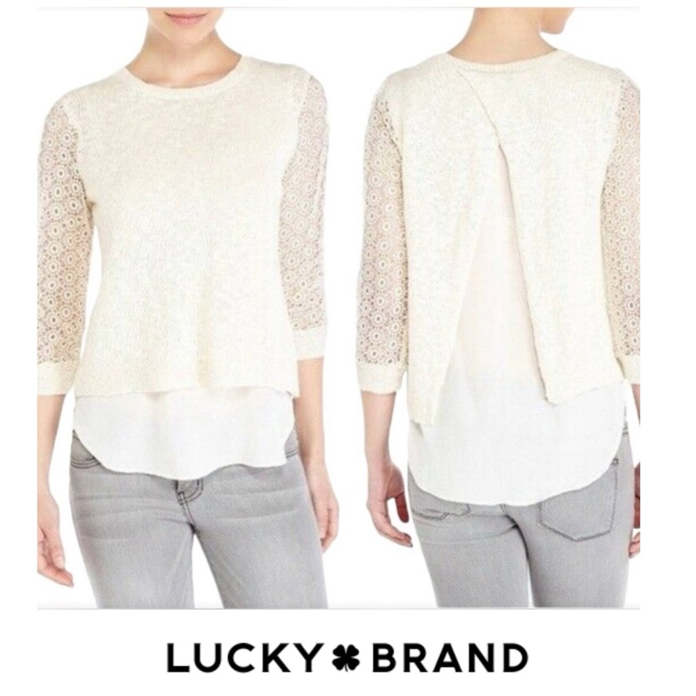Lucky Brand Ivory Lace sleeve split back crochet, chiffon layered sweater/blouse